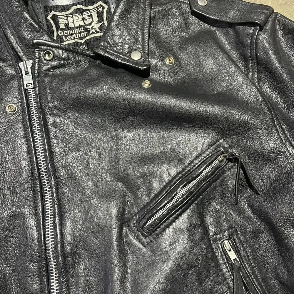 Vintage 90s First Genuine Leather Black Grunge Motorcycle